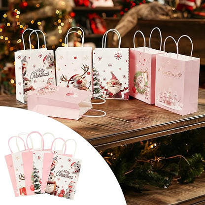 EDWINENE 24 Stück Papiertüten Weihnachten Geschenktüten mit Henkel, Weihnachtstaschen aus Kraftpapier, Geschenkverpackung für Weihnachtsfeier begünstigt Süßigkeitenparty