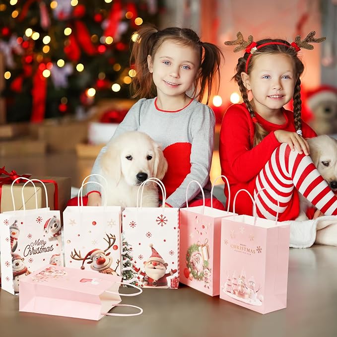 EDWINENE 24 Stück Papiertüten Weihnachten Geschenktüten mit Henkel, Weihnachtstaschen aus Kraftpapier, Geschenkverpackung für Weihnachtsfeier begünstigt Süßigkeitenparty