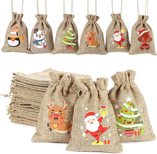 EDWINENE 12 Weihnachten Jutesäcke mit Kordelzug kleine hessische Geschenktüten für Weihnachten Party Favors