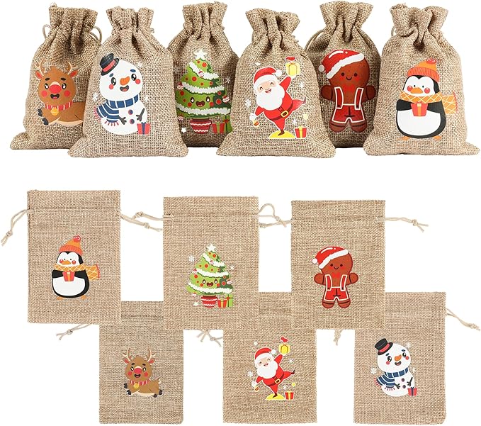 EDWINENE 12 Weihnachten Jutesäcke mit Kordelzug kleine hessische Geschenktüten für Weihnachten Party Favors