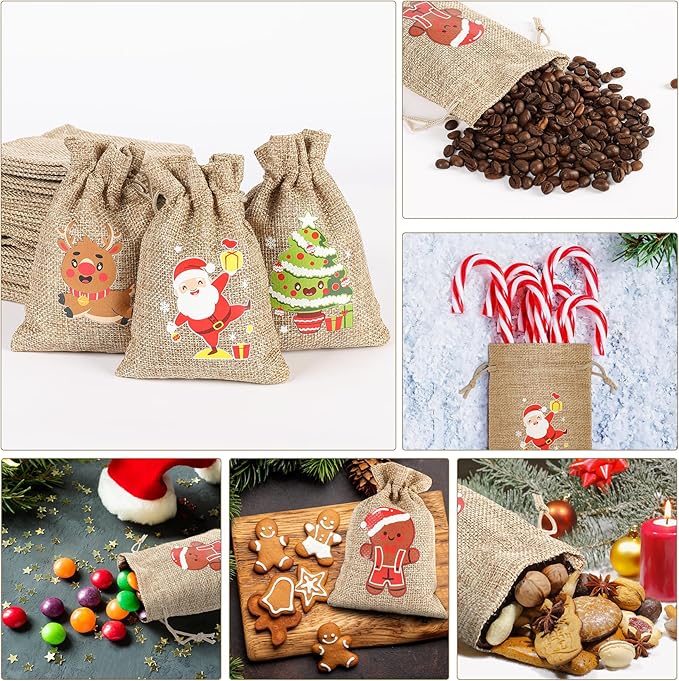 EDWINENE 12 Weihnachten Jutesäcke mit Kordelzug kleine hessische Geschenktüten für Weihnachten Party Favors