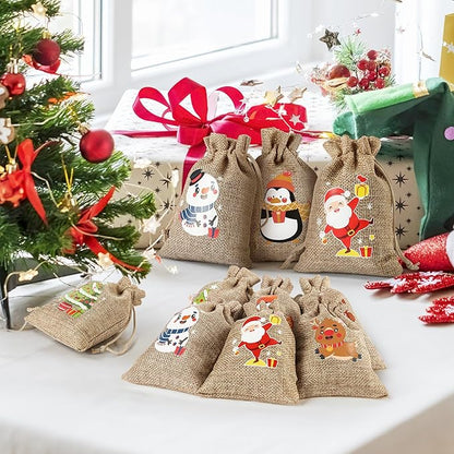 EDWINENE 12 Weihnachten Jutesäcke mit Kordelzug kleine hessische Geschenktüten für Weihnachten Party Favors