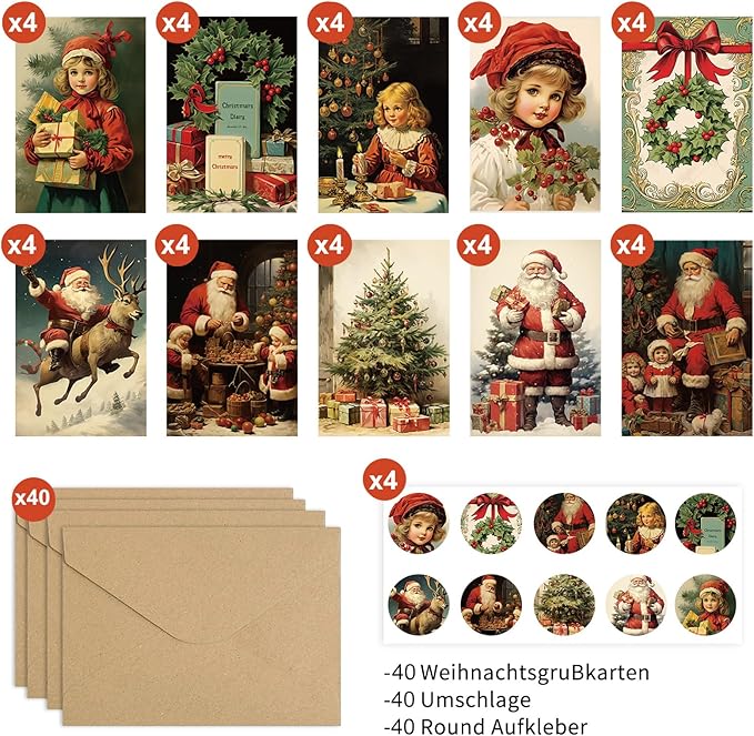 Weihnachtskarten mit Umschlag Set 40 Stück Vintage Nostalgisch Weihnachtskarten Set, A5 Christmas Cards Kleine Weihnachtskarten Weihnachtspostkarten, Lustige Weihnachtskarten für Familie Freunde