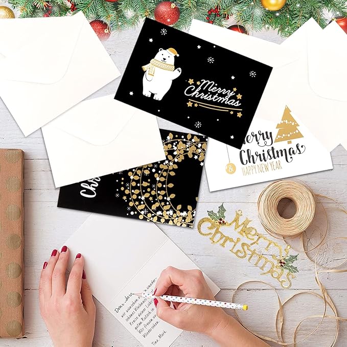 Weihnachtskarten mit Umschlägen Set Doppelkarten Klappkarten Grußkarten Blanko mit Briefumschlag Frohe Weihnachten Karte Postkarte Weihnachtspostkarten Christmas Card 24 Stück