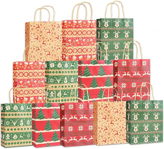 12 Stück Geschenktüten Weihnachten, 6 Stile Weihnachtstüten Papier, Weihnachtstaschen mit Henkel, Weihnachtsgeschenktüten, Geschenkverpackung Weihnachten Geschenktaschen, Weihnachtssackerl Süßigkeiten