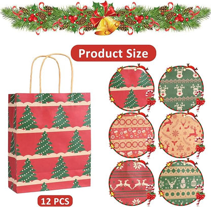 12 Stück Geschenktüten Weihnachten, 6 Stile Weihnachtstüten Papier, Weihnachtstaschen mit Henkel, Weihnachtsgeschenktüten, Geschenkverpackung Weihnachten Geschenktaschen, Weihnachtssackerl Süßigkeiten