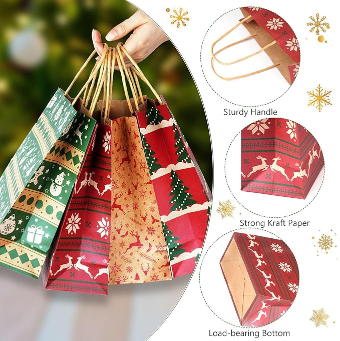 12 Stück Geschenktüten Weihnachten, 6 Stile Weihnachtstüten Papier, Weihnachtstaschen mit Henkel, Weihnachtsgeschenktüten, Geschenkverpackung Weihnachten Geschenktaschen, Weihnachtssackerl Süßigkeiten