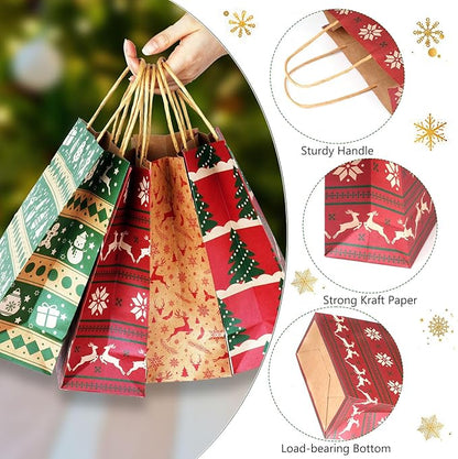 12 Stück Geschenktüten Weihnachten, 6 Stile Weihnachtstüten Papier, Weihnachtstaschen mit Henkel, Weihnachtsgeschenktüten, Geschenkverpackung Weihnachten Geschenktaschen, Weihnachtssackerl Süßigkeiten