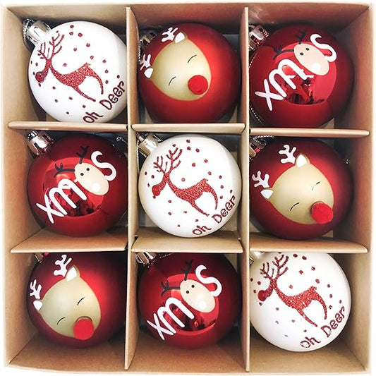 Victor's Workshop Weihnachtskugeln 9tlg. 6cm Kunststoff Christbaumkugeln Weihnachtsdeko Weihnachtsbaum Dekoration Set Plastik Ornament Weihnachten Deko mit Anhänger Oh Hirsch Thema Rot Weiß