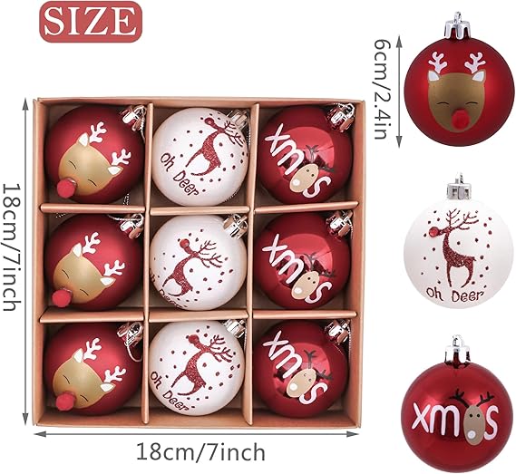 Victor's Workshop Weihnachtskugeln 9tlg. 6cm Kunststoff Christbaumkugeln Weihnachtsdeko Weihnachtsbaum Dekoration Set Plastik Ornament Weihnachten Deko mit Anhänger Oh Hirsch Thema Rot Weiß