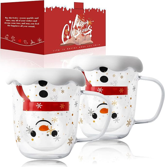 LIBWYS Süße Tassen Schneemann Weihnachtstasse Becher 2er Set 300ml, Weihnachten Geschenke Teegläser Kaffeeglas Doppelwandige Thermoglas für Espresso Latte Macchiato