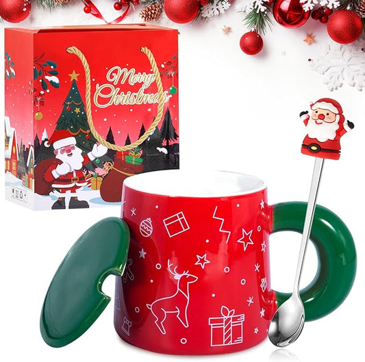 SaiXuan Weihnachtstasse mit Weihnachtslöffel, Tasse Weihnachten mit Deckel, Weihnachtstassen Set, Süße Keramik Christmas Mug, Rote Weihnachtsbecher Porzellan, Kaffeetassen, Weihnachtsgeschirr, 400ml