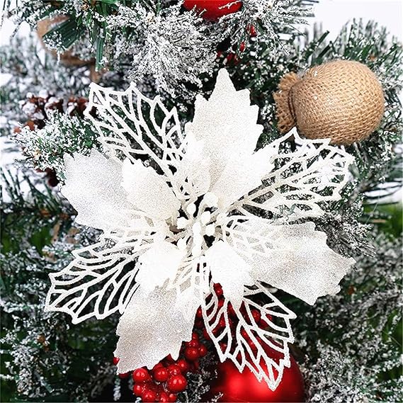 GLITZFAS 12 Stück Glitter Weihnachtsbaum Dekoration, Weihnachtsbaumschmuck Ornament Weihnachten Blumen Dekor, Christbaumanhänger (Weiß,16 cm)