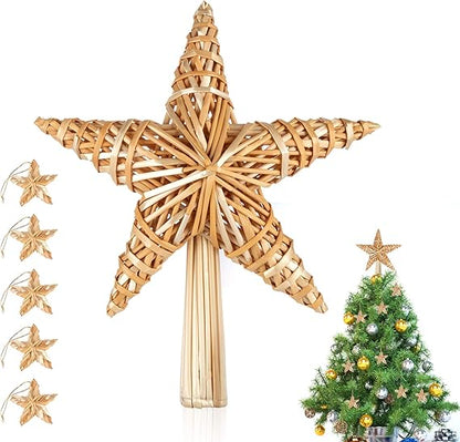 Anstore Weihnachtsbaum Spitze 30 cm Stroh-Baumspitze Natur - Christbaumspitze Stern aus Stroh mit 5 Strohsterne Ø 5 cm - Strohsterne Baumschmuck Christbaumschmuck