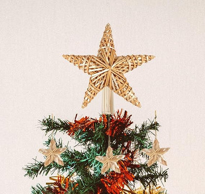 Anstore Weihnachtsbaum Spitze 30 cm Stroh-Baumspitze Natur - Christbaumspitze Stern aus Stroh mit 5 Strohsterne Ø 5 cm - Strohsterne Baumschmuck Christbaumschmuck