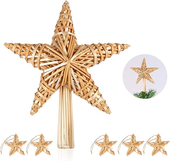 Anstore Weihnachtsbaum Spitze 30 cm Stroh-Baumspitze Natur - Christbaumspitze Stern aus Stroh mit 5 Strohsterne Ø 5 cm - Strohsterne Baumschmuck Christbaumschmuck