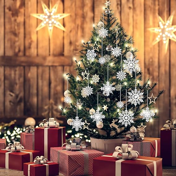 40 Stück funkelnde Weihnachts-Schneeflocken-Ornamente, verschiedene Größen, hängende Weihnachts-Schneeflocke, Winter-hängende Schneeflocken-Dekorationen für Deckenfenster, Innen- und Außenbereich