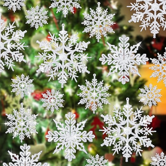 40 Stück funkelnde Weihnachts-Schneeflocken-Ornamente, verschiedene Größen, hängende Weihnachts-Schneeflocke, Winter-hängende Schneeflocken-Dekorationen für Deckenfenster, Innen- und Außenbereich