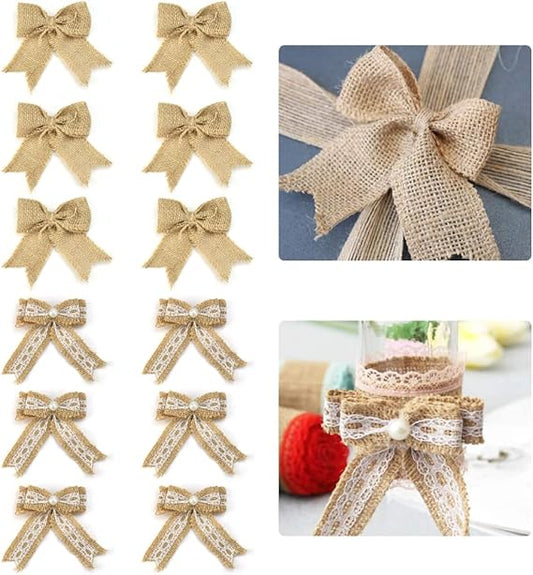 STCRERAG 12 Stück Jute Schleifen Rustikalen Vitnage, Natürliche Dekoration Handgemachte Juteschleifen, Bastelzubehör für Hochzeit, Schleifen zum Einpacken von Geschenken, Weihnachtsbaumschmuck