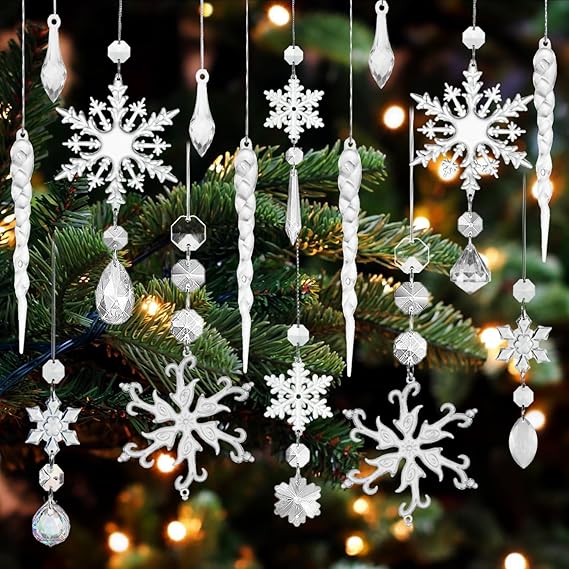 Weihnachtsbaumschmuck- Acryl Eiszapfen Schneeflocke Eistropfen Anhänger-16 Stück Weihnachtsbaumschmuck Schneeflocken- Weihnachtsbaum Schmukdeko- Weihnachtsbaum Kristall Dekorationen