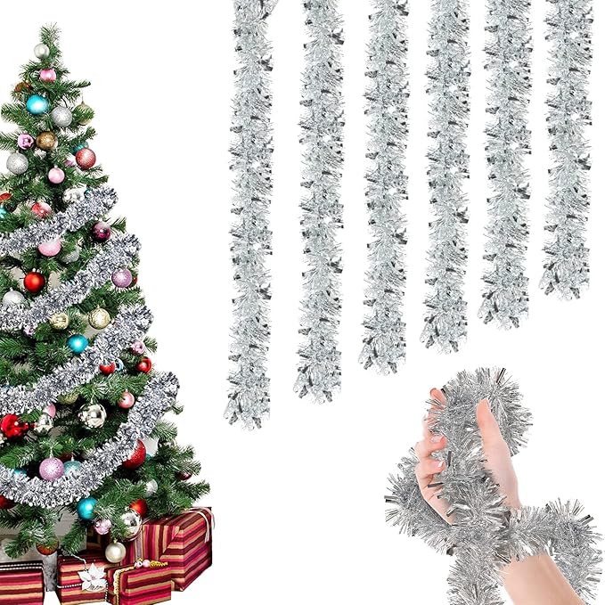 OUQIWEN Weihnachten Lametta Girlande,6 Stück x 2M Lametta Glänzend Girlande,Weihnachtsbaum Dekoration Girlande,Festliches Weihnachten Lamettaa（Silber）