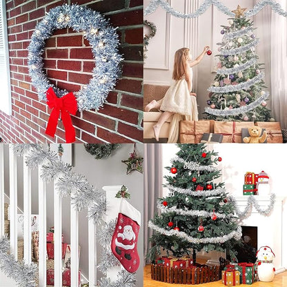 OUQIWEN Weihnachten Lametta Girlande,6 Stück x 2M Lametta Glänzend Girlande,Weihnachtsbaum Dekoration Girlande,Festliches Weihnachten Lamettaa（Silber）