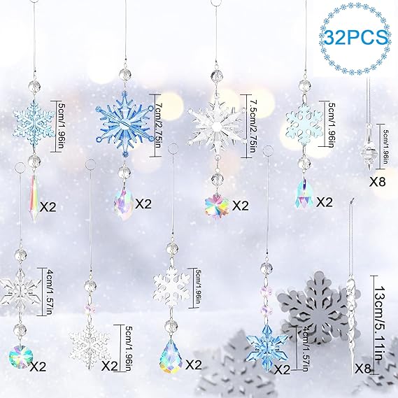 32 Stück Acryl Eiszapfen Schneeflocke Eistropfen Anhänger,Weihnachtsbaum Kristall Dekorationen,Weihnachtenbaum ,Weihnachtsbaumschmuck,Kristallschneeflocke für die Weihnachtsbaumparty