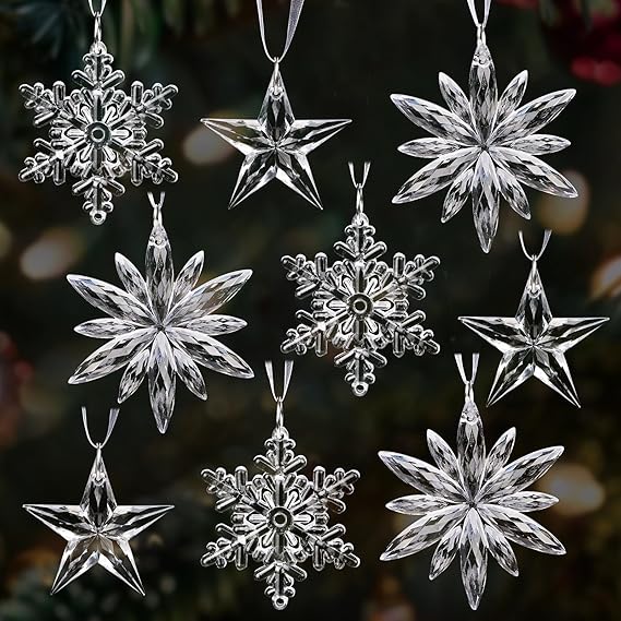 9 Stück Christbaumschmuck Sterne Schneeflocken Weihnachtsbaum Dekoration Anhänger Weihnachtendeko Acryl Hängende Ornamente Winterdeko Weihnachtsbaumschmuck Weihnachten Deko Baumschmuck