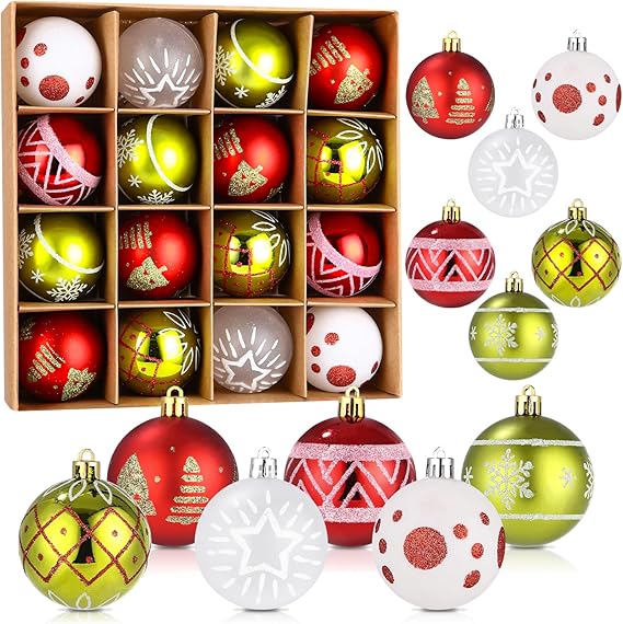 Toaren 16 Weihnachtskugeln Set,Christbaumschmuck 6CM,Weihnachtskugeln Kunststoff Christbaumkugeln Deko Weihnachten Bruchsicher Weihnachtsbaumkugeln Weihnachtsbaumschmuck mit Schlaufen Rot Weiß Grün