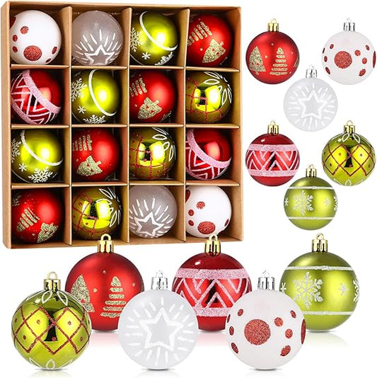 Toaren 16 Weihnachtskugeln Set,Christbaumschmuck 6CM,Weihnachtskugeln Kunststoff Christbaumkugeln Deko Weihnachten Bruchsicher Weihnachtsbaumkugeln Weihnachtsbaumschmuck mit Schlaufen Rot Weiß Grün