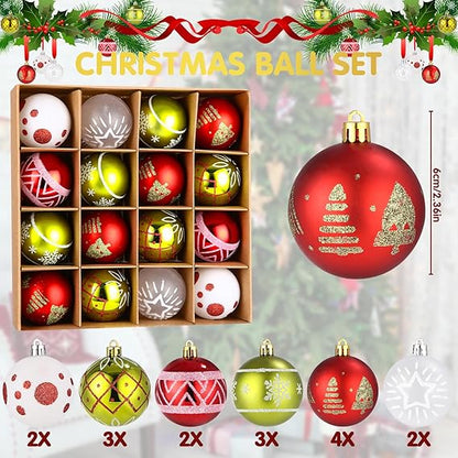 Toaren 16 Weihnachtskugeln Set,Christbaumschmuck 6CM,Weihnachtskugeln Kunststoff Christbaumkugeln Deko Weihnachten Bruchsicher Weihnachtsbaumkugeln Weihnachtsbaumschmuck mit Schlaufen Rot Weiß Grün