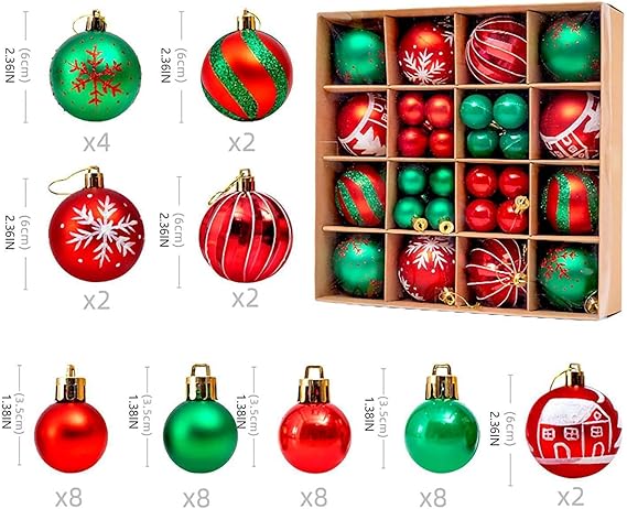 Ayuanb Weihnachtskugeln Grün und Rot, 44 pcs Mini Weihnachtsdeko Kugeln Set, 3 cm und 6 cm Christbaumkugeln Kunststoff, Kugeln Weihnachtsdeko