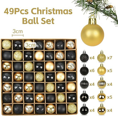 49 STK Weihnachtskugeln Schwarz Gold Set,3cm Kunststoff Christbaumkugeln Haken Weihnachtskugeln Klein für Weihnachtsbaumschmuck,Baumkugeln Weihnachtsdeko Kugeln Anhänger Mini Baumschmuck Weihnachten