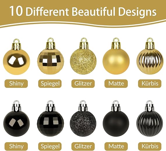 49 STK Weihnachtskugeln Schwarz Gold Set,3cm Kunststoff Christbaumkugeln Haken Weihnachtskugeln Klein für Weihnachtsbaumschmuck,Baumkugeln Weihnachtsdeko Kugeln Anhänger Mini Baumschmuck Weihnachten