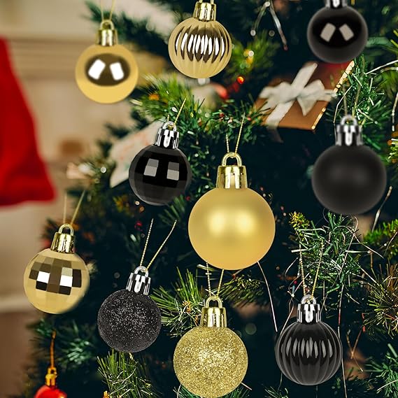 49 STK Weihnachtskugeln Schwarz Gold Set,3cm Kunststoff Christbaumkugeln Haken Weihnachtskugeln Klein für Weihnachtsbaumschmuck,Baumkugeln Weihnachtsdeko Kugeln Anhänger Mini Baumschmuck Weihnachten