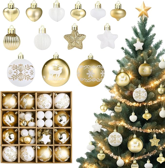 Kesote Weihnachtskugeln Weiß Christbaumkugeln Gold Set 52er Weihnachtsbaumschmuck Weihnachtsdeko für Weihnachten Party