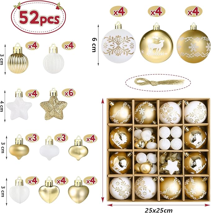 Kesote Weihnachtskugeln Weiß Christbaumkugeln Gold Set 52er Weihnachtsbaumschmuck Weihnachtsdeko für Weihnachten Party