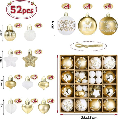 Kesote Weihnachtskugeln Weiß Christbaumkugeln Gold Set 52er Weihnachtsbaumschmuck Weihnachtsdeko für Weihnachten Party