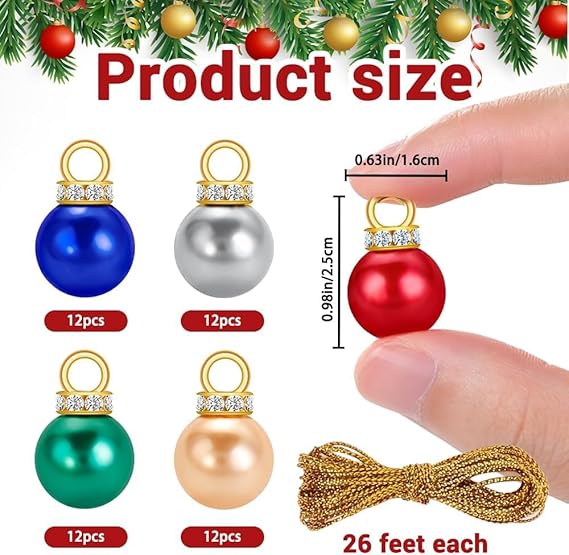 60 Stück Weihnachtskugeln Set, Glitzer Weihnachtskugeln Bunt, Mini Weihnachtskugeln mit Goldene Faden, Perlenimitat Kugeln, Baumkugeln Weihnachten 1.6cm Ø, Christbaumschmuck für DIY (60 Pcs)