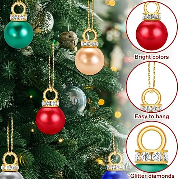 60 Stück Weihnachtskugeln Set, Glitzer Weihnachtskugeln Bunt, Mini Weihnachtskugeln mit Goldene Faden, Perlenimitat Kugeln, Baumkugeln Weihnachten 1.6cm Ø, Christbaumschmuck für DIY (60 Pcs)