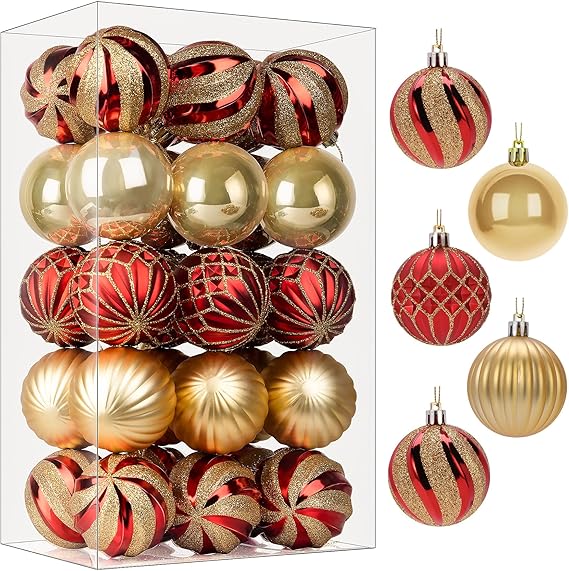 Shareconn 30ct 2.36 Zoll Weihnachtskugeln Ornamente, bruchsichere für Weihnachtsbaum, farbige Dekoration für Weihnachtsfeier, Baumschmuck Haken enthalten (Rot & Gold, 60mm)