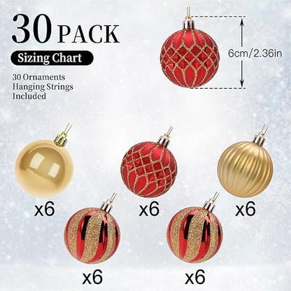 Shareconn 30ct 2.36 Zoll Weihnachtskugeln Ornamente, bruchsichere für Weihnachtsbaum, farbige Dekoration für Weihnachtsfeier, Baumschmuck Haken enthalten (Rot & Gold, 60mm)