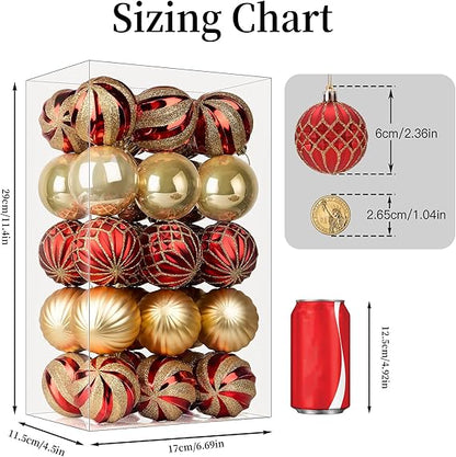 Shareconn 30ct 2.36 Zoll Weihnachtskugeln Ornamente, bruchsichere für Weihnachtsbaum, farbige Dekoration für Weihnachtsfeier, Baumschmuck Haken enthalten (Rot & Gold, 60mm)