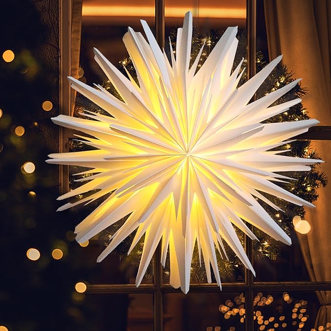 EANLOLY Weihnachtsstern Beleuchtet, Papiersterne Weihnachten, 3D Stern Fenster, Weihnachtsdeko Innen Zum Aufhängen mit Beleuchtung, Leuchtstern Lichterkette,45 cm Ø Weiß