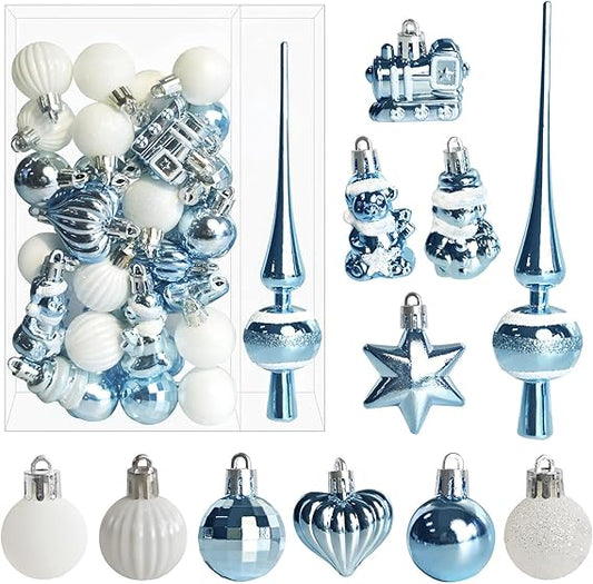 34 Stück Weihnachtskugeln mit Baumspitze Set,Ø3/4.5/5.5cm Kleine Christbaumkugeln Kunststoff Hellblau Weiß Kugeln Mini Weihnachten Weihnachtsdeko Tischdeko Tannenbaum Weihnachtsbaum Deko Ornamente