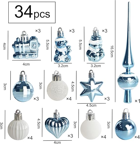 34 Stück Weihnachtskugeln mit Baumspitze Set,Ø3/4.5/5.5cm Kleine Christbaumkugeln Kunststoff Hellblau Weiß Kugeln Mini Weihnachten Weihnachtsdeko Tischdeko Tannenbaum Weihnachtsbaum Deko Ornamente