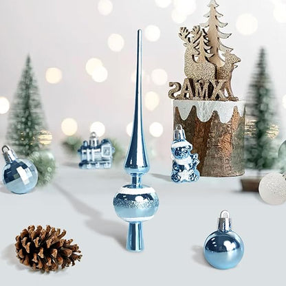 34 Stück Weihnachtskugeln mit Baumspitze Set,Ø3/4.5/5.5cm Kleine Christbaumkugeln Kunststoff Hellblau Weiß Kugeln Mini Weihnachten Weihnachtsdeko Tischdeko Tannenbaum Weihnachtsbaum Deko Ornamente