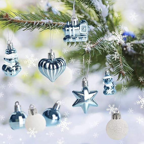 34 Stück Weihnachtskugeln mit Baumspitze Set,Ø3/4.5/5.5cm Kleine Christbaumkugeln Kunststoff Hellblau Weiß Kugeln Mini Weihnachten Weihnachtsdeko Tischdeko Tannenbaum Weihnachtsbaum Deko Ornamente