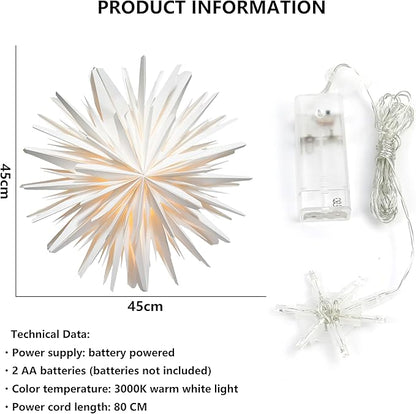 EANLOLY Weihnachtsstern Beleuchtet, Papiersterne Weihnachten, 3D Stern Fenster, Weihnachtsdeko Innen Zum Aufhängen mit Beleuchtung, Leuchtstern Lichterkette,45 cm Ø Weiß