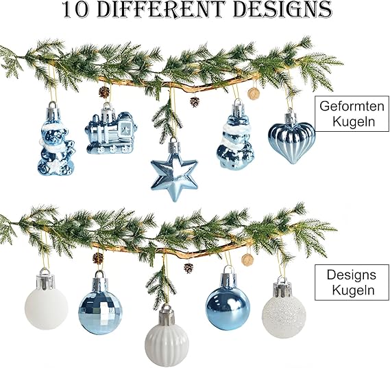 34 Stück Weihnachtskugeln mit Baumspitze Set,Ø3/4.5/5.5cm Kleine Christbaumkugeln Kunststoff Hellblau Weiß Kugeln Mini Weihnachten Weihnachtsdeko Tischdeko Tannenbaum Weihnachtsbaum Deko Ornamente